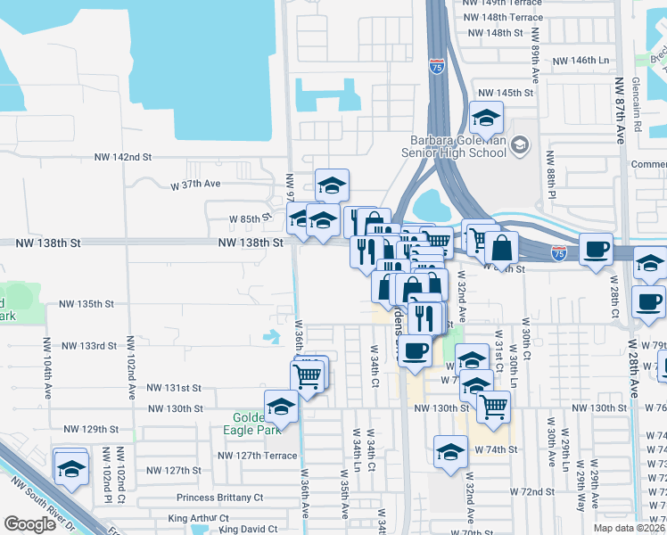 map of restaurants, bars, coffee shops, grocery stores, and more near 8195 West 36th Avenue in Hialeah