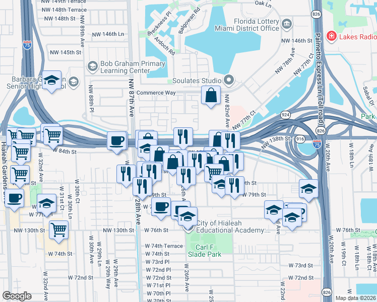 map of restaurants, bars, coffee shops, grocery stores, and more near 1209 West 84th Street in Hialeah