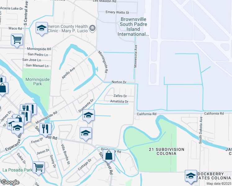 map of restaurants, bars, coffee shops, grocery stores, and more near 1714 Marfil Drive in Brownsville