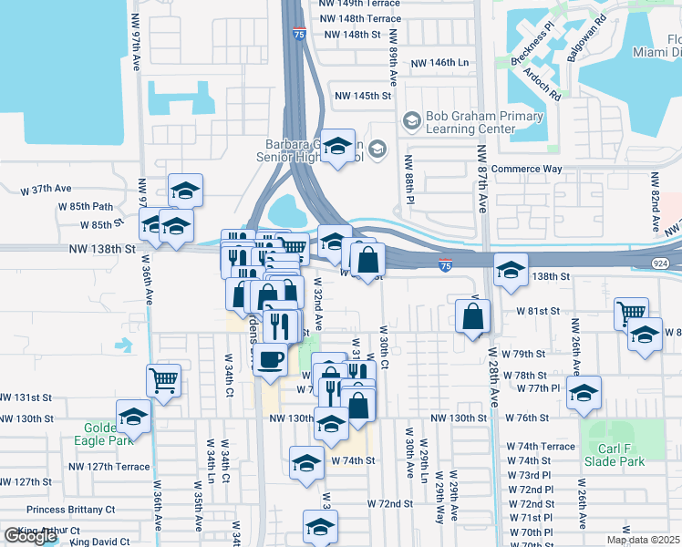 map of restaurants, bars, coffee shops, grocery stores, and more near 3140 Graham Dairy Road in Hialeah