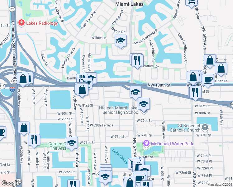 map of restaurants, bars, coffee shops, grocery stores, and more near 1300 West 83rd Street in Hialeah