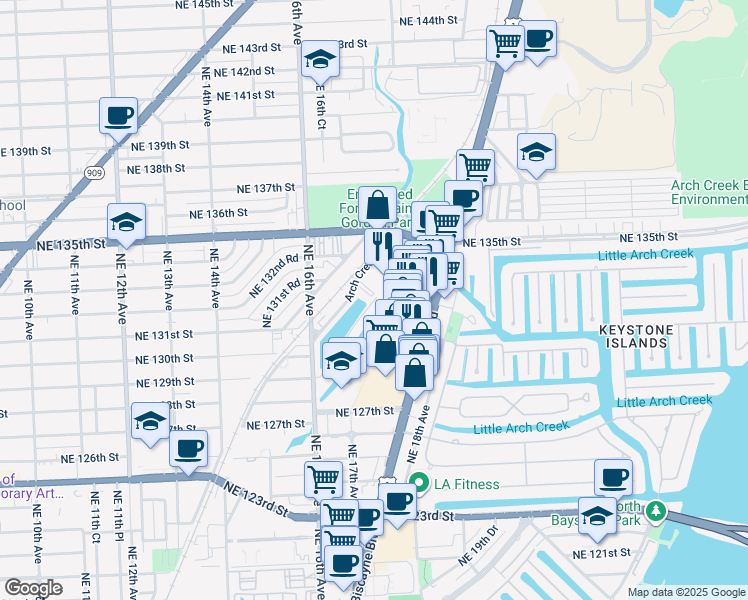 map of restaurants, bars, coffee shops, grocery stores, and more near 13176 Emerald Drive in North Miami