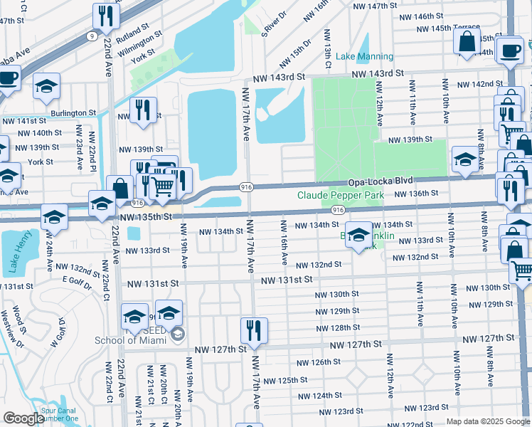 map of restaurants, bars, coffee shops, grocery stores, and more near 1620 Northwest 135th Street in North Miami