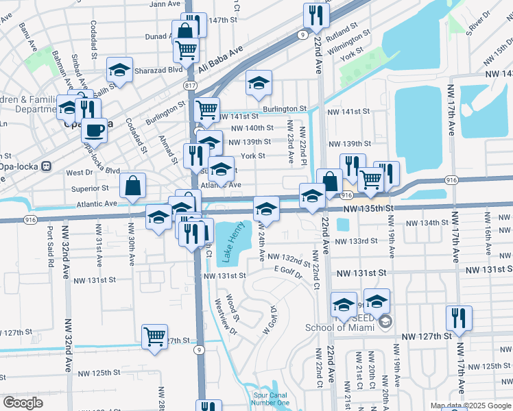 map of restaurants, bars, coffee shops, grocery stores, and more near 2407 Northwest 135th Street in Miami