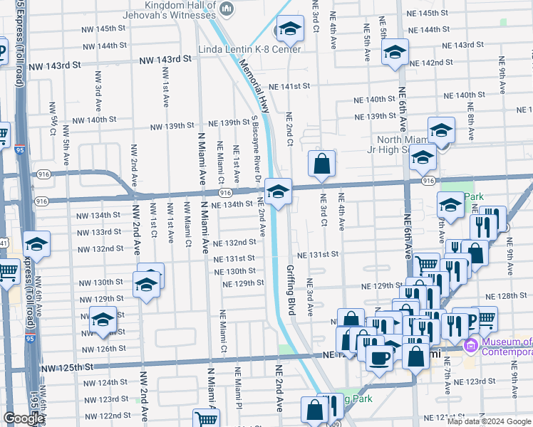 map of restaurants, bars, coffee shops, grocery stores, and more near 13305 Northeast 2nd Avenue in North Miami
