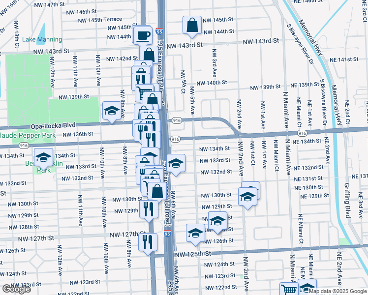 map of restaurants, bars, coffee shops, grocery stores, and more near 545 Northwest 134th Street in North Miami