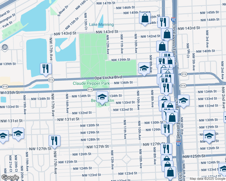 map of restaurants, bars, coffee shops, grocery stores, and more near 1175 Northwest 134th Street in North Miami