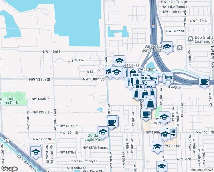 map of restaurants, bars, coffee shops, grocery stores, and more near 8500 West 36th Avenue in Hialeah