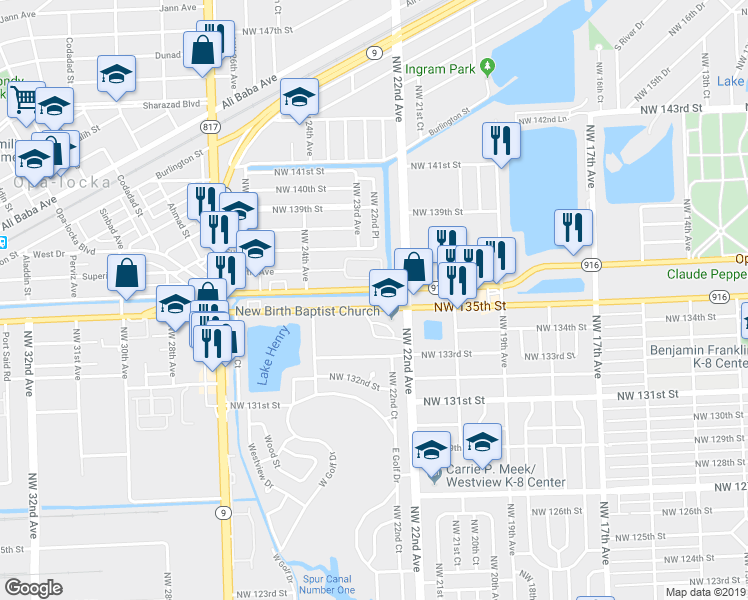 map of restaurants, bars, coffee shops, grocery stores, and more near 2281 Northwest 135th Street in Miami