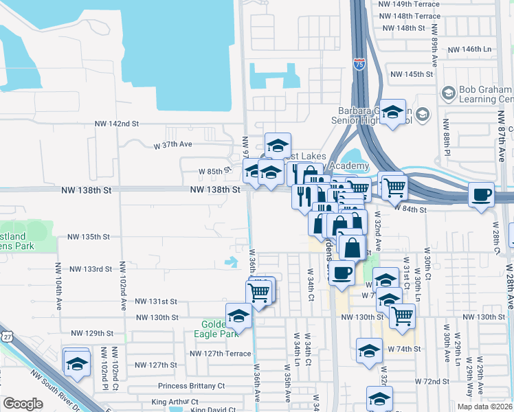 map of restaurants, bars, coffee shops, grocery stores, and more near 8500 West 36th Avenue in Hialeah