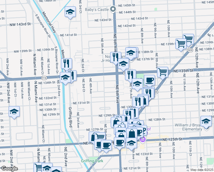 map of restaurants, bars, coffee shops, grocery stores, and more near 511 Northeast 133rd Street in North Miami