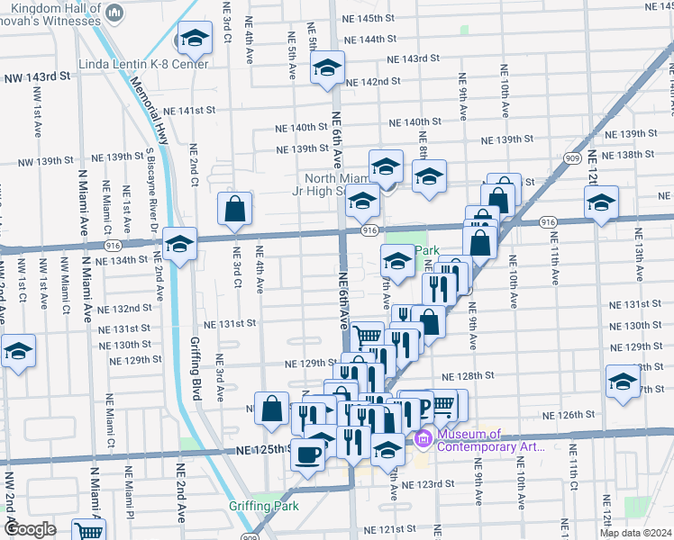 map of restaurants, bars, coffee shops, grocery stores, and more near in North Miami