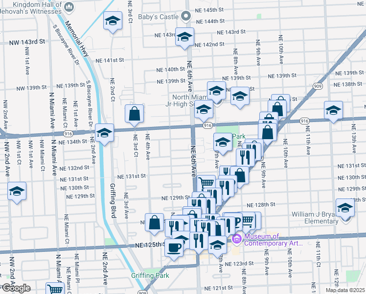 map of restaurants, bars, coffee shops, grocery stores, and more near in North Miami