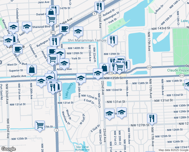 map of restaurants, bars, coffee shops, grocery stores, and more near 2281 Northwest 135th Street in Miami