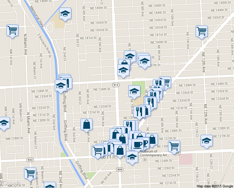 map of restaurants, bars, coffee shops, grocery stores, and more near in North Miami