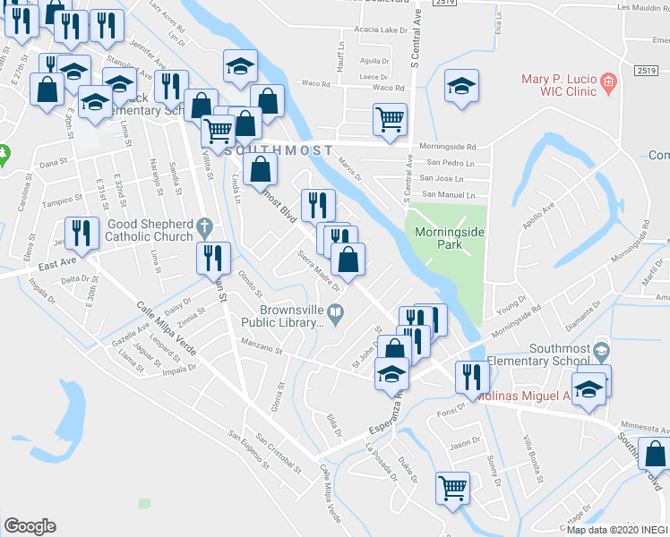 map of restaurants, bars, coffee shops, grocery stores, and more near 4174 Southmost Boulevard in Brownsville