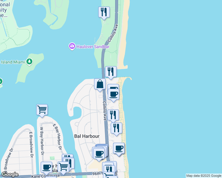 map of restaurants, bars, coffee shops, grocery stores, and more near 10275 Collins Avenue in Bal Harbour