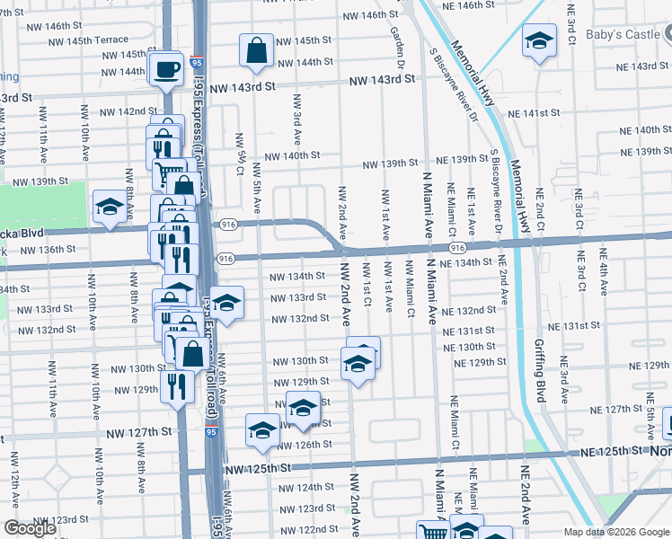 map of restaurants, bars, coffee shops, grocery stores, and more near 220 Northwest 134th Street in North Miami