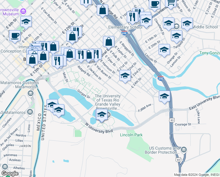 map of restaurants, bars, coffee shops, grocery stores, and more near in Brownsville