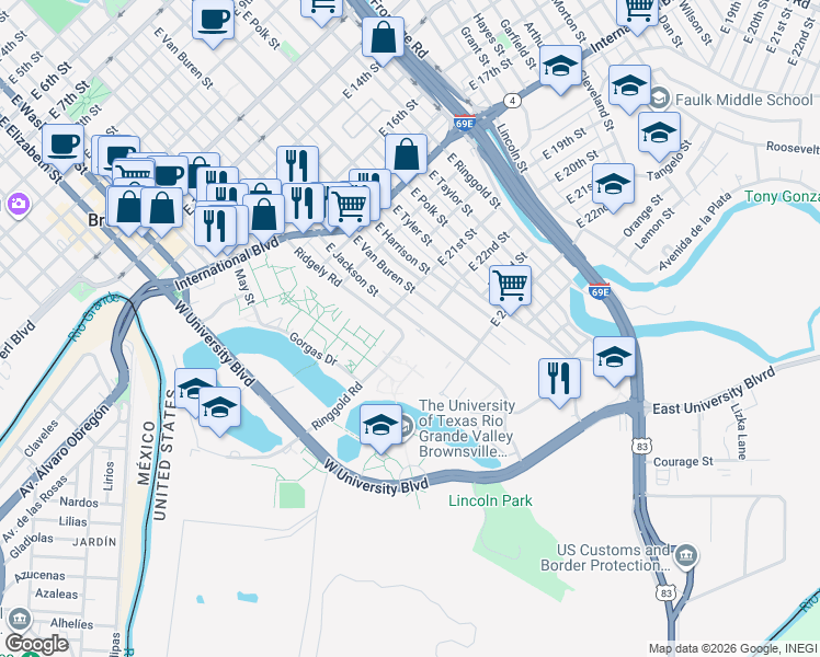 map of restaurants, bars, coffee shops, grocery stores, and more near in Brownsville