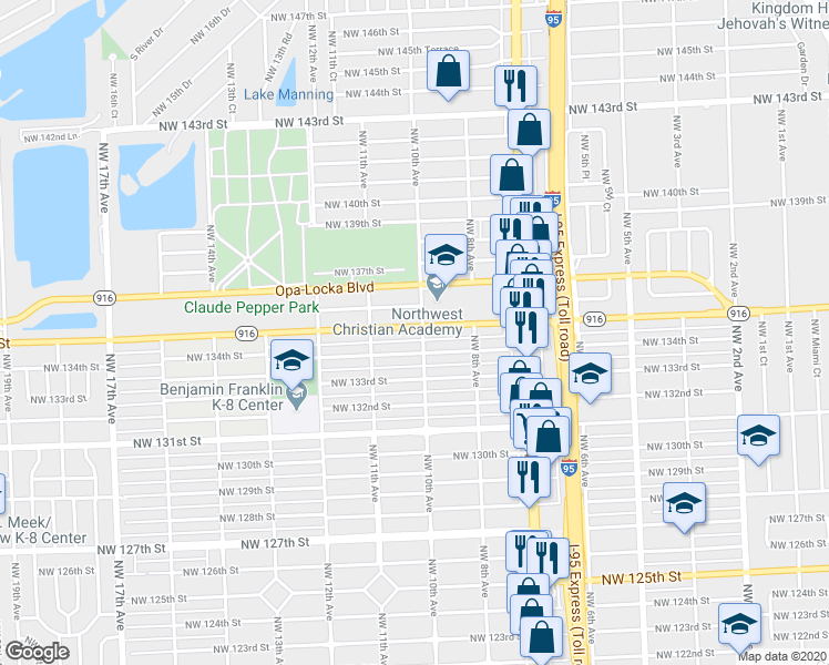 map of restaurants, bars, coffee shops, grocery stores, and more near 1000 Northwest 135th Street in North Miami