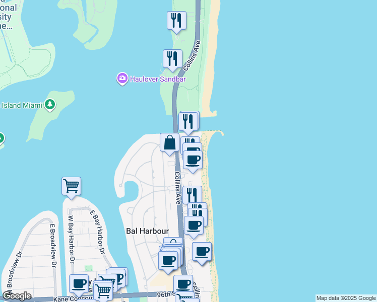 map of restaurants, bars, coffee shops, grocery stores, and more near 10275 Collins Avenue in Bal Harbour