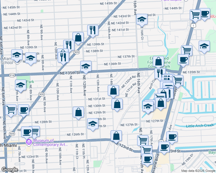 map of restaurants, bars, coffee shops, grocery stores, and more near 1401 Northeast 132nd Road in North Miami