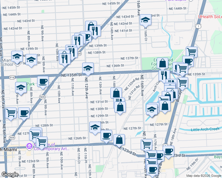 map of restaurants, bars, coffee shops, grocery stores, and more near 1401 Northeast 132nd Road in North Miami