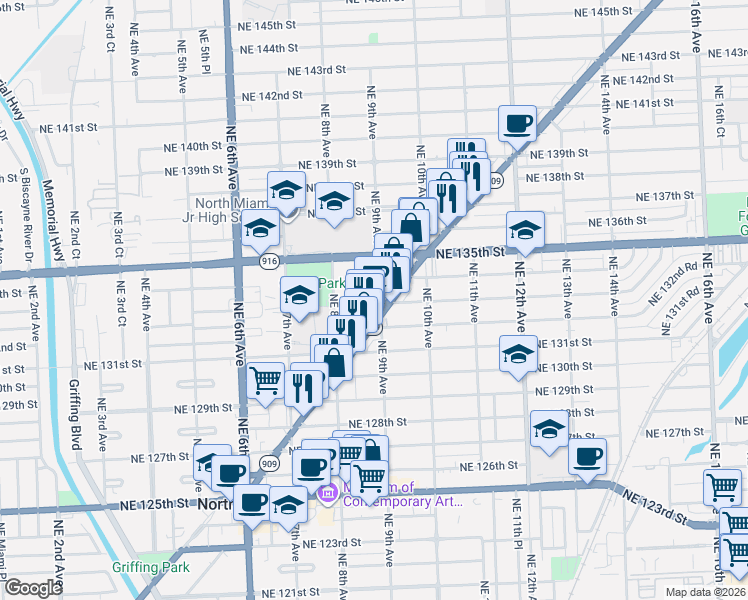 map of restaurants, bars, coffee shops, grocery stores, and more near in North Miami