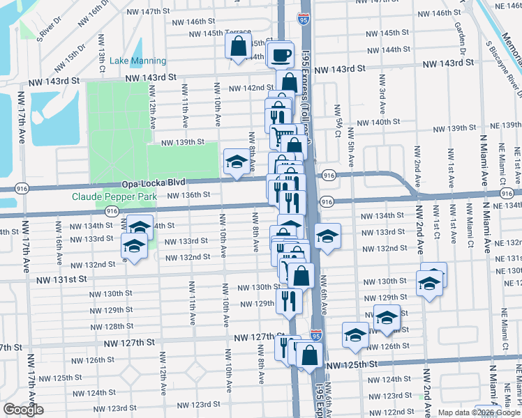 map of restaurants, bars, coffee shops, grocery stores, and more near 745 Northwest 134th Street in North Miami