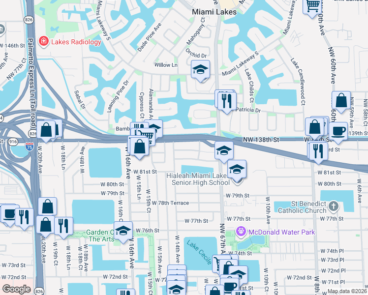 map of restaurants, bars, coffee shops, grocery stores, and more near 1371 West 82nd Street in Hialeah