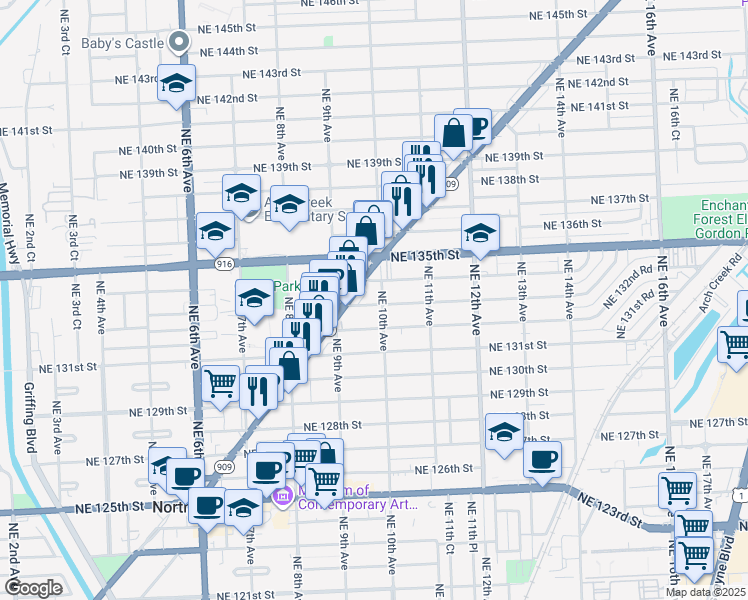 map of restaurants, bars, coffee shops, grocery stores, and more near 960 Northeast 133rd Street in North Miami