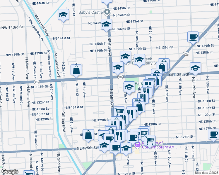 map of restaurants, bars, coffee shops, grocery stores, and more near in North Miami