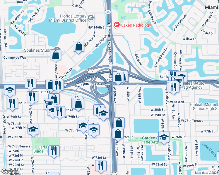 map of restaurants, bars, coffee shops, grocery stores, and more near Northwest 138th Street in Hialeah