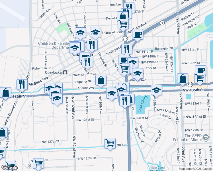 map of restaurants, bars, coffee shops, grocery stores, and more near 2861 Northwest 135th Street in Opa-locka