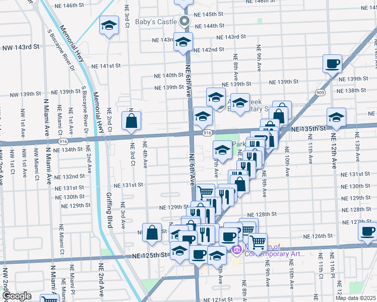 map of restaurants, bars, coffee shops, grocery stores, and more near in North Miami