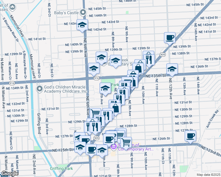 map of restaurants, bars, coffee shops, grocery stores, and more near 13498 Northeast 8th Avenue in North Miami