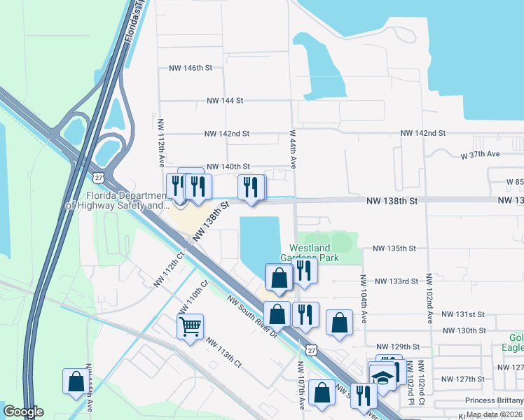 map of restaurants, bars, coffee shops, grocery stores, and more near 10830 Northwest 138th Street in Hialeah Gardens