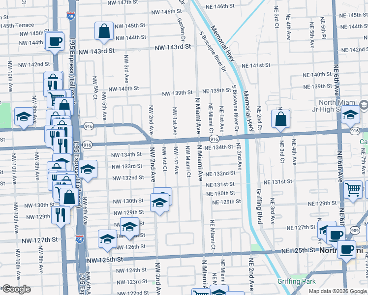 map of restaurants, bars, coffee shops, grocery stores, and more near 13340 Northwest Miami Court in Miami