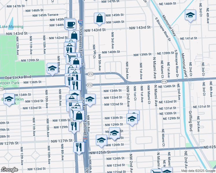 map of restaurants, bars, coffee shops, grocery stores, and more near 460 Northwest 134th Street in North Miami