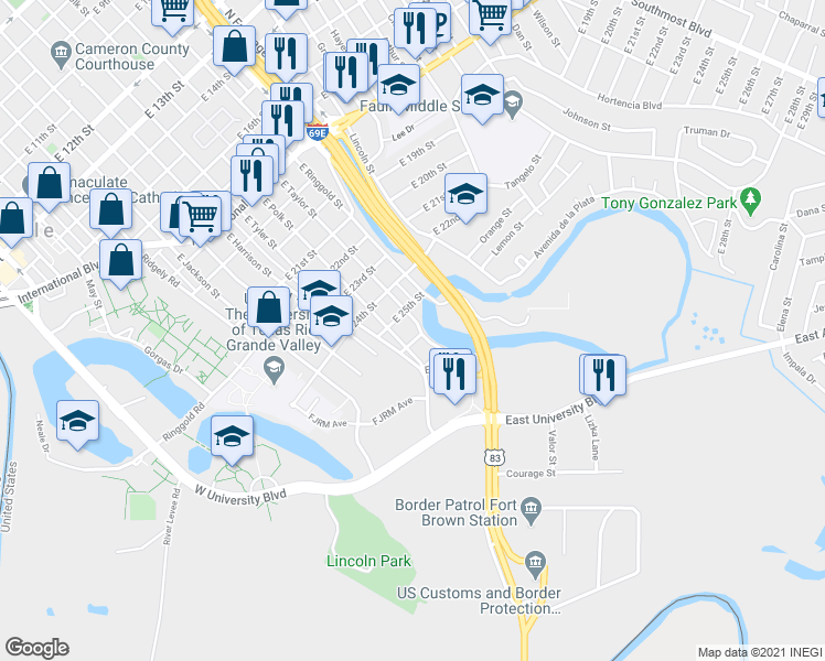 map of restaurants, bars, coffee shops, grocery stores, and more near 2544 East Taylor Street in Brownsville