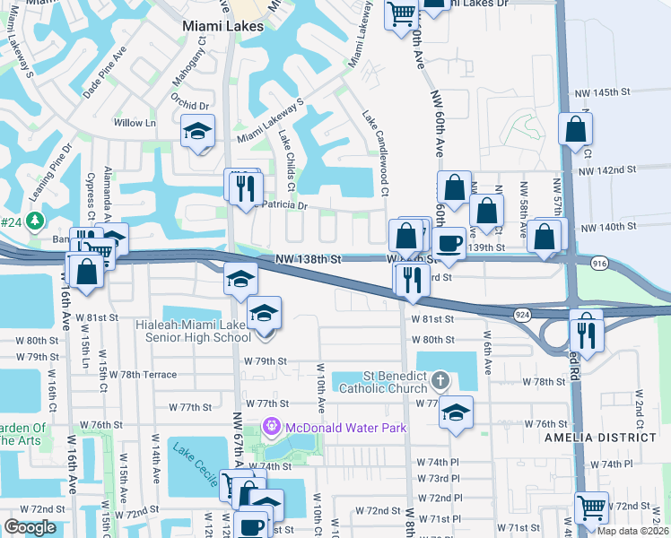 map of restaurants, bars, coffee shops, grocery stores, and more near 13992 Northwest 139th Street in Miami Lakes