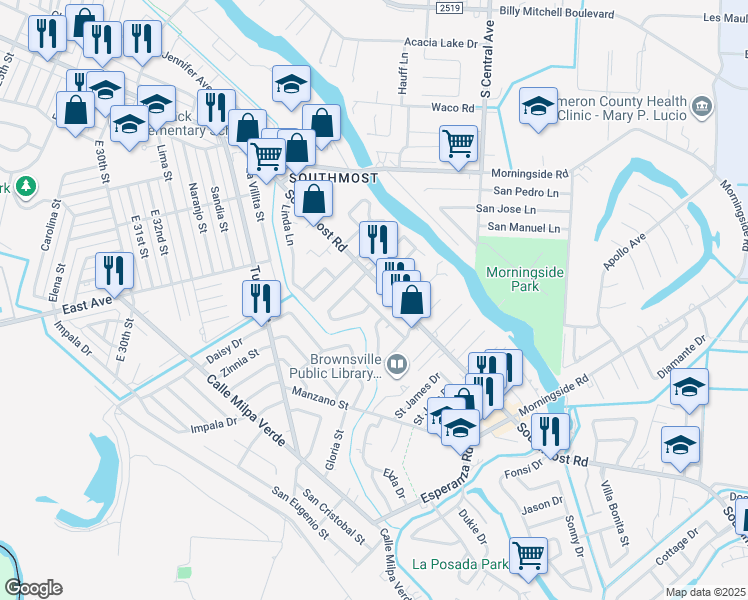 map of restaurants, bars, coffee shops, grocery stores, and more near 4416 Deo Juvante Drive in Brownsville
