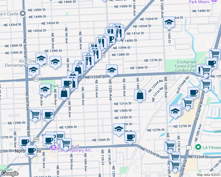 map of restaurants, bars, coffee shops, grocery stores, and more near 1195 Northeast 134th Street in North Miami