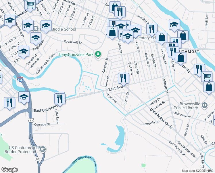 map of restaurants, bars, coffee shops, grocery stores, and more near 2805 Margarita Street in Brownsville