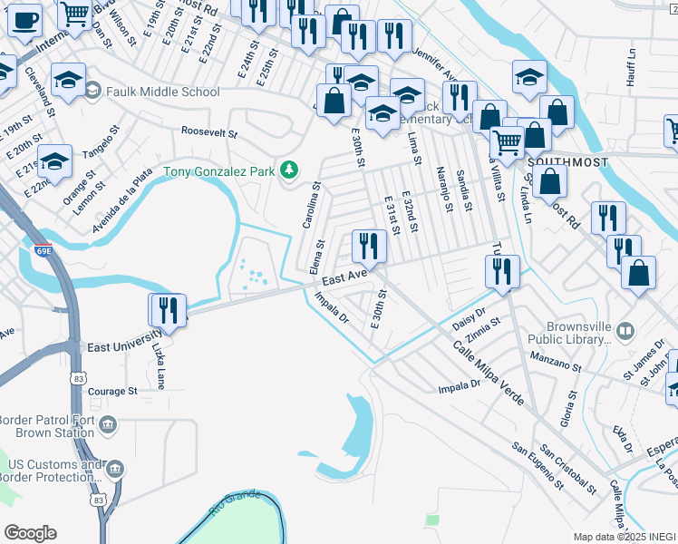 map of restaurants, bars, coffee shops, grocery stores, and more near 2805 Margarita Street in Brownsville
