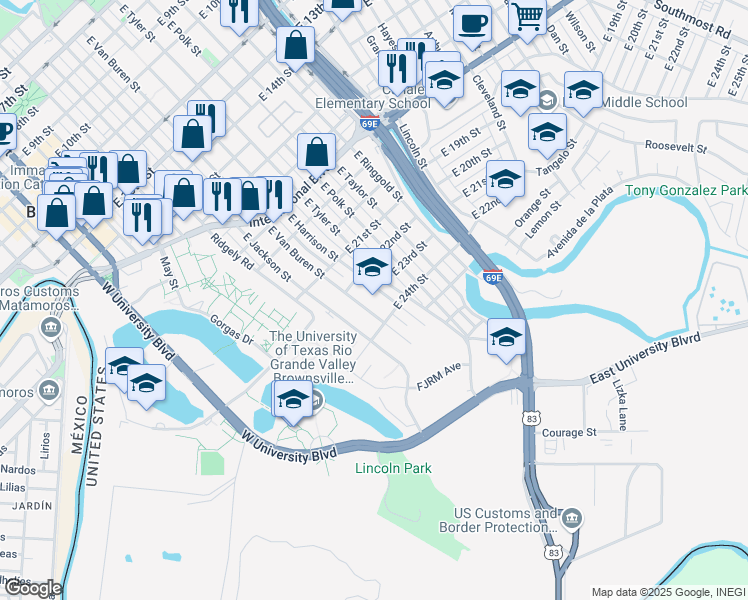 map of restaurants, bars, coffee shops, grocery stores, and more near 2400 East Van Buren Street in Brownsville