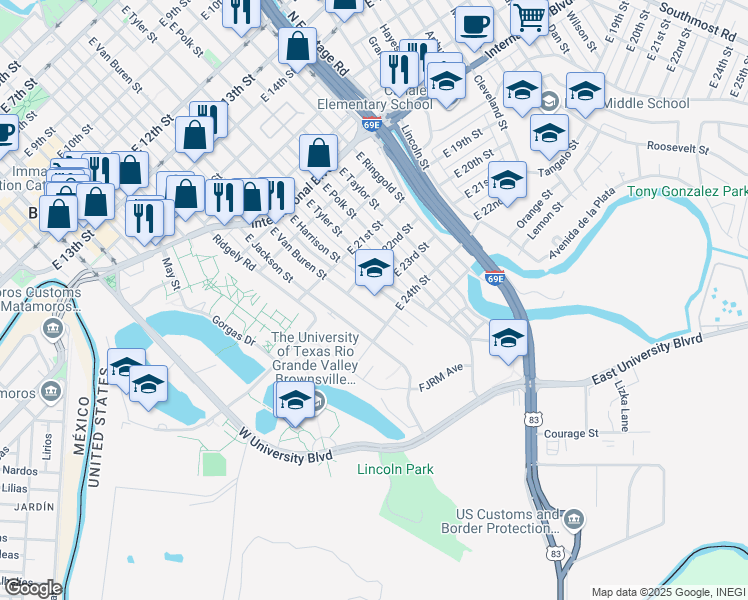 map of restaurants, bars, coffee shops, grocery stores, and more near 2400 East Van Buren Street in Brownsville