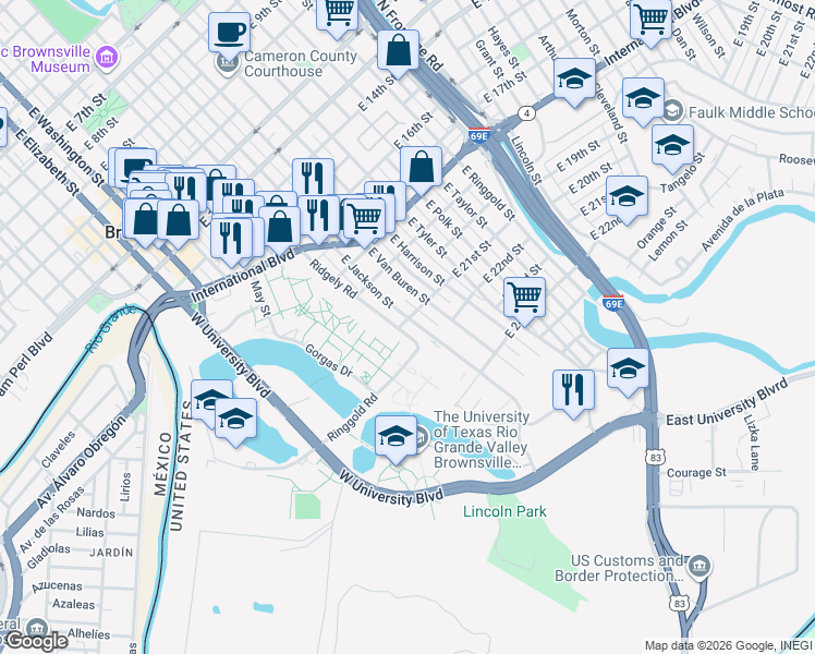 map of restaurants, bars, coffee shops, grocery stores, and more near 2044 East Jackson Street in Brownsville