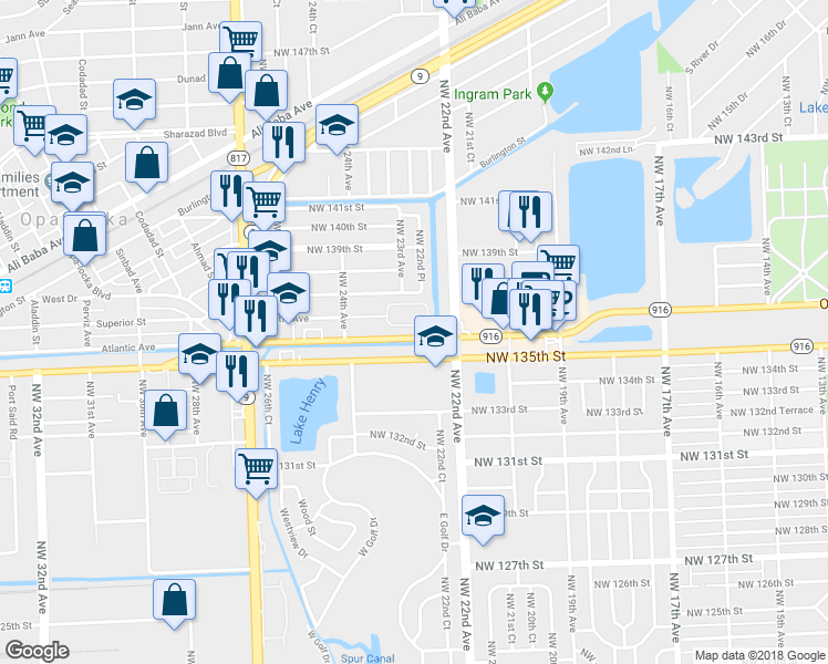 map of restaurants, bars, coffee shops, grocery stores, and more near 2301 Northwest 136th Street in Opa-locka